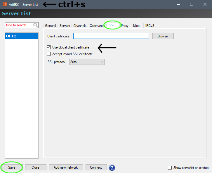 Step 2 is to use the client certificate for OFTC setup in your server list